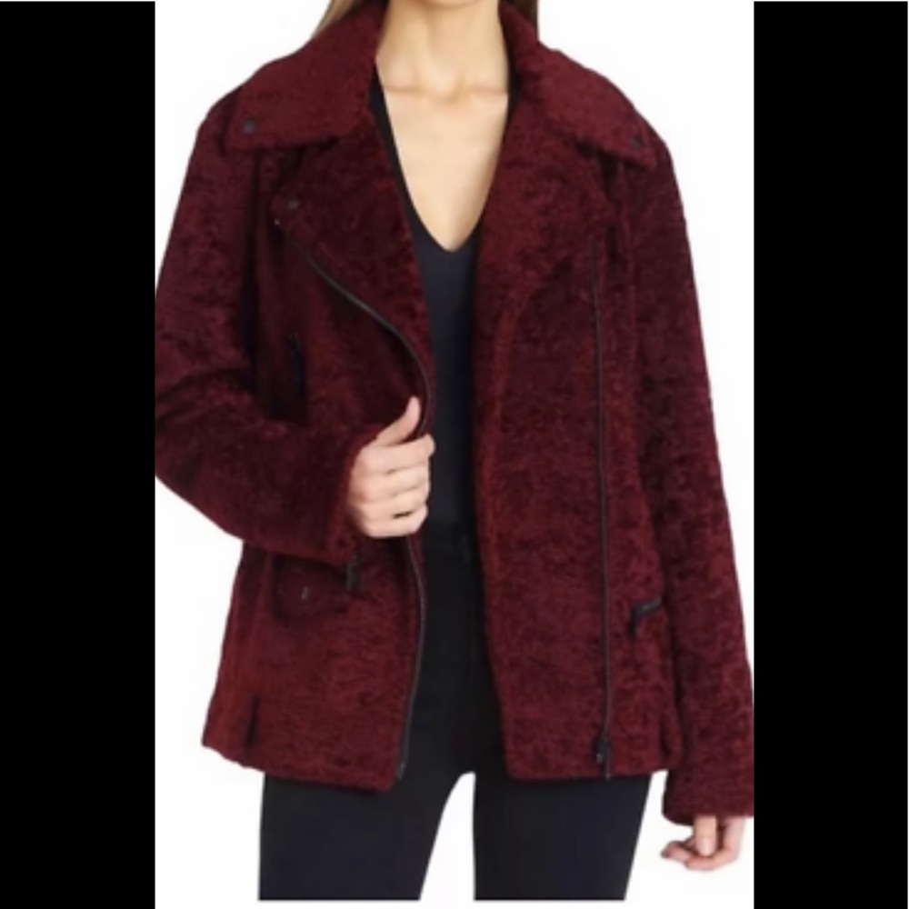Burgundy Faux Fur Zip Biker Jacket - Picture 2 of 7